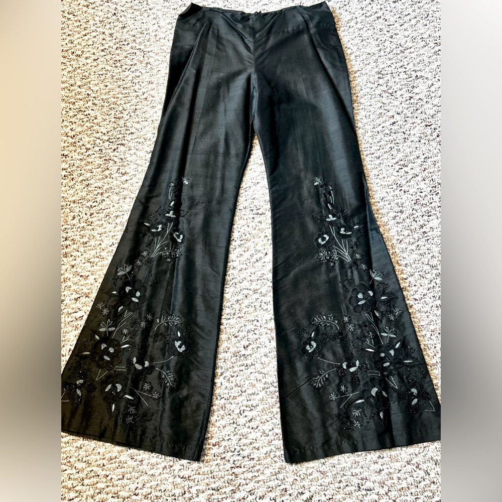 Black embroidered and beaded bellbottom formal pants with back zipper. Size 6.